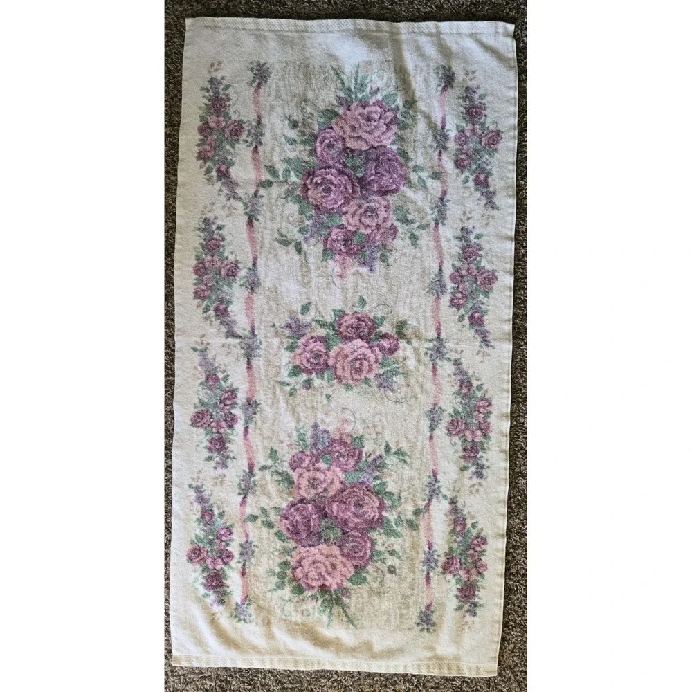 Vintage The Art Of Glenda Turley Bath Towel Pink Purple Roses Cottagecore